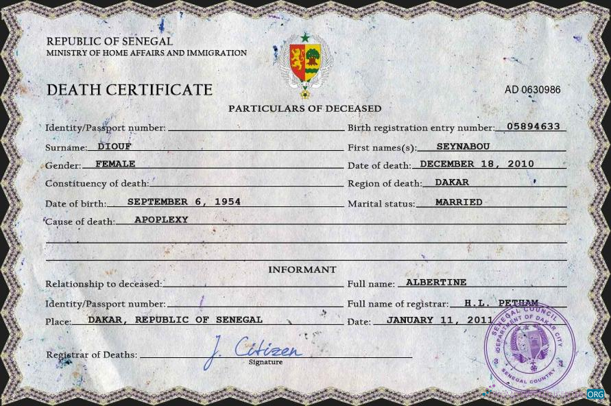 Download Senegal vital record death certificate PSD template Photoshop template